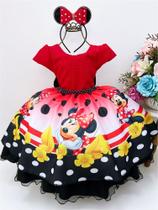 Vestido Infantil Luxo Festa Minnie Vermelha Bolas Cinto e Pérolas DLXME