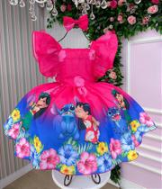 Vestido Infantil Luxo Menina Festa Stitch e Lilo Pink