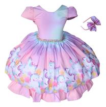 Vestido Infantil Luxo Meninas Unicórnio Festa Fofo Com Tiara