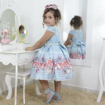 Vestido infantil luxuoso azul floral com bordado em perolas