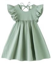 Vestido infantil LYXIOF, algodão, linho, manga com babados, verde, 120 cm