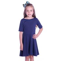 Vestido Infantil Manga Curta Azul Marinho Decote Canoa