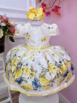 Vestido Infantil Marfim Florido Amarelo C/ Cinto de Pérolas Super luxo festa 2256MA