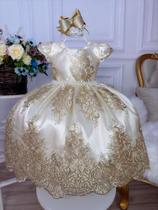 Vestido Infantil Marfim Renda Realeza Dourada Cinto Pérolas luxo festa 4610MD
