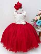 Vestido Infantil Marfim Saia Vermelha Aplique Flores Pérolas Luxo Festa 4463V2