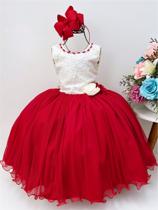 Vestido Infantil Marfim Saia Vermelha Aplique Flores Pérolas Luxo Festa 4463V2 - Utchuk Kids