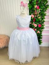 Vestido infantil Marie Longo Branco Laço Rosa Dama Florista