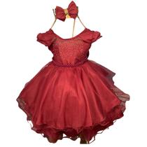 Vestido infantil marsala com laço de cabelo para festas e casamentos jm067