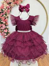 Vestido Infantil Marsala com Saia de Babados e Glitter para Festas
