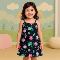 Vestido Infantil Meia Malha Estampado Fundo do Mar com Alças Finas Confortavel Kyly 1000973