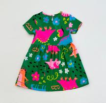 Vestido Infantil Menina Bimbi Verde Estampado Com Dinossauros E Flores Coloridas