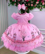 Vestido Infantil Menina Bonita Bosque Encantado Rosa - Tecido Tafetá