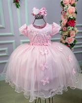 Vestido Infantil Menina Bonita Rosa com Apliques de Borboletas