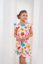 Vestido Infantil Menina Borboleta Floral Off White Picolé Rosa