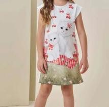 Vestido Infantil Menina Estampado com Gatinhos e Cerejas Vestido Infantil Menina Estampado com Gatinhos e Cerejas