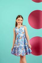 Vestido Infantil Menina Estampado Jardim - Bonekinhas - Azul - 10 Vestido Infantil Menina Estampado Jardim - Bonekinhas - Azul - 10