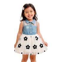 Vestido Infantil Menina Festa De Brim Com Tule Florido