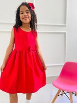 Vestido infantil Menina Festa liso vermelho festa luxo laço cintura