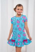 Vestido Infantil Menina Floral Azul Picolé Rosa