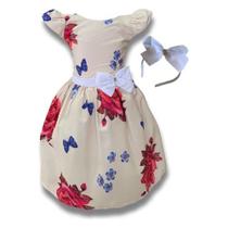 Vestido Infantil Menina Floral Off Borboletas Luxo + Tiara Vestido Infantil Menina Floral Off Borboletas Luxo + Tiara