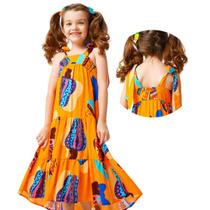 Vestido Infantil Menina Ideal Festa Ano Novo e Férias e Passeio Longo Verão Colorido Caju Laranja - Camu Camu