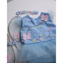 Vestido infantil menina kit 3 peças romper jardim encantado + faixa + asa borboleta mesversario