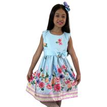 Vestido Infantil Menina Lacinho Floral Azul Festa Eventos Casuais Dia a Dia Igreja