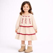 Vestido Infantil Menina Nanai Bordado Bege Flores e Borboletas Linho Inverno Moda Kids 6000396 -