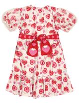 Vestido Infantil Menina Strawberry Com Pompom Off White E Vermelho Cinti Vestido Infantil Menina Strawberry Com Pompom Off White E Vermelho Cinti