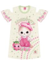 Vestido Infantil Menina Strawberry Gatinha Off White E Verde Cinti