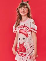 Vestido Infantil Menina Strawberry Gatinha Off White E Vermelho Cinti