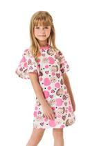 Vestido Infantil Menina Ursinhos Manga Godê Em Cotton Linho 12420