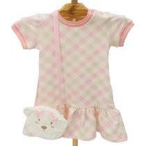 Vestido Infantil Menina Xadrez Rosa Com Bolsa Ursinho Luxo