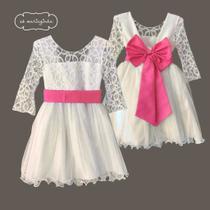 Vestido Infantil Midi Branco Laço e Faixa ROSA CHICLETE REF4214