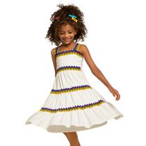 Vestido Infantil Midi Malha Off-White Rodado Bordado Zig Zag Colorido Nanai