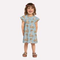 Vestido Infantil Milon Estampa Gatinha e Flores, 95% Algodão, Azul, Fresquinho, Muito Confortavel Vestido Infantil Milon Estampa Gatinha e Flores, 95% Algodão, Azul, Fresquinho, Muito Confortavel