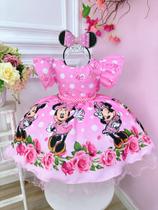 Vestido Infantil Minnie Florido de Rosas com Pérolas Festas Luxo Festa