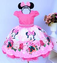 Vestido Infantil Minnie Pink Festa Luxo Tiara