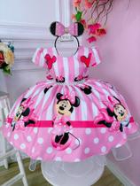 Vestido Infantil Minnie Rosa C/ Listras Cinto de Pérolas - tematicos