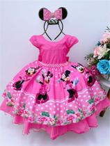 Vestido Infantil Minnie Rosa Chiclete Cinto de Pérolas Luxo festa DLXMM