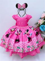 Vestido infantil minnie rosa chiclete cinto de pérolas super luxo tematico