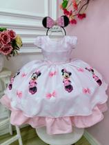 Vestido Infantil Minnie Rosa Com Bolinhas e Pérolas Luxo festa RO5054RM
