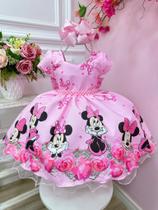 Vestido Infantil Minnie Rosa Com Cinto de Perolas Festas (1788RS)