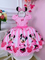 Vestido Infantil Minnie Rosa Com Cinto de Pérolas Luxo