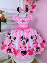 Vestido Infantil Minnie Rosa Com Cinto de Pérolas Luxo