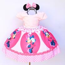 Vestido Infantil Minnie Rosa Com Tiara