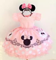 Vestido Infantil Minnie Rosa Festa Temática E Tiara