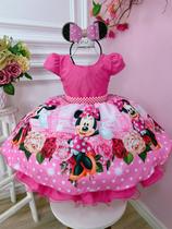Vestido Infantil Minnie Rosa Florido Strass Cinto de Pérolas Luxo Festa