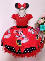 Vestido Infantil Minnie Vermelha Cinto de Pérolas Preto Luxo - tam 4