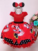 Vestido Infantil Minnie Vermelha Cinto de Pérolas Preto Luxo - tematicos